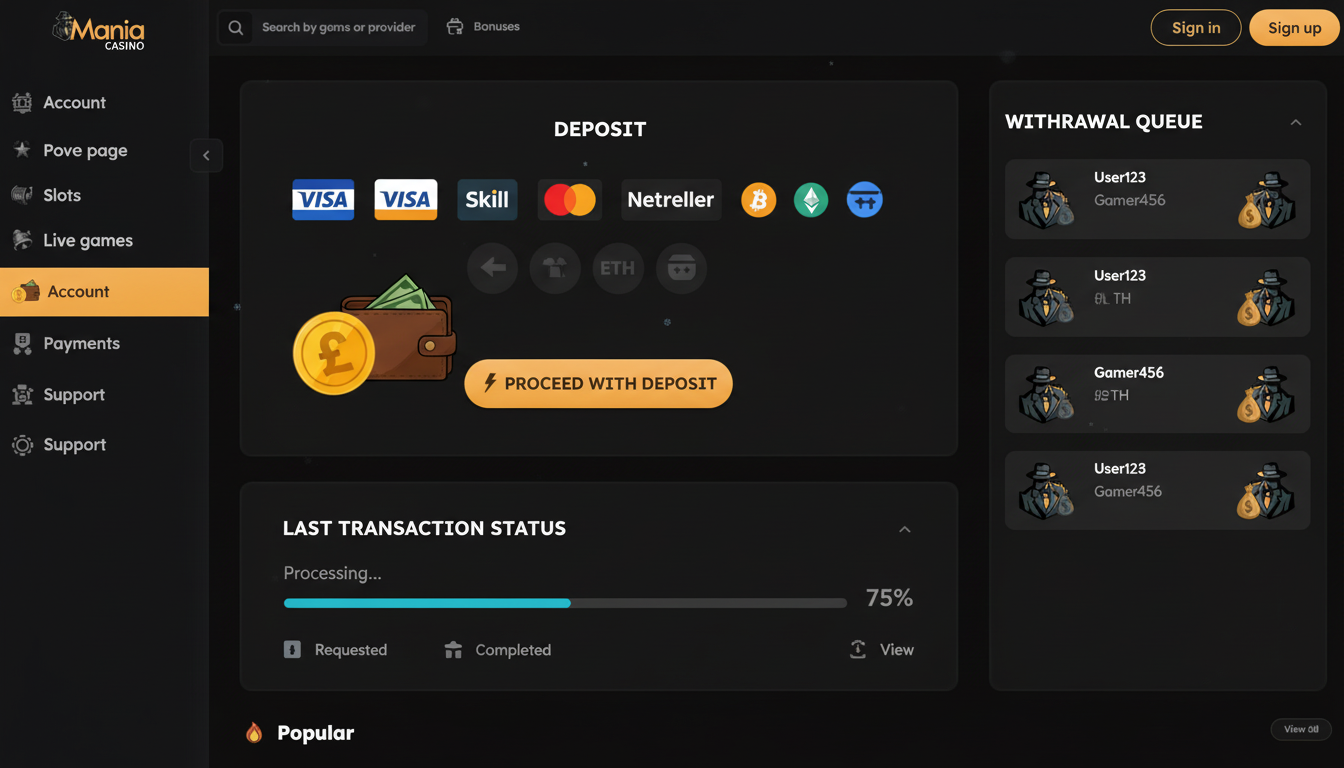 Payment &, withdrawal process visuals including options and timelines.